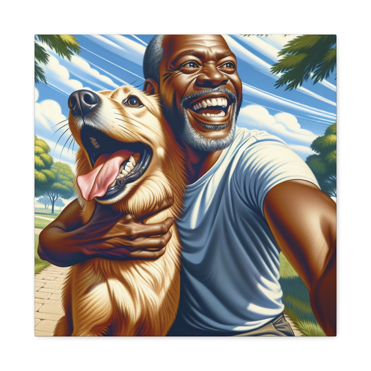 "Sunlit Bliss: A Man and His Dog in Pure Joy" - Canvas - Authentic4Us