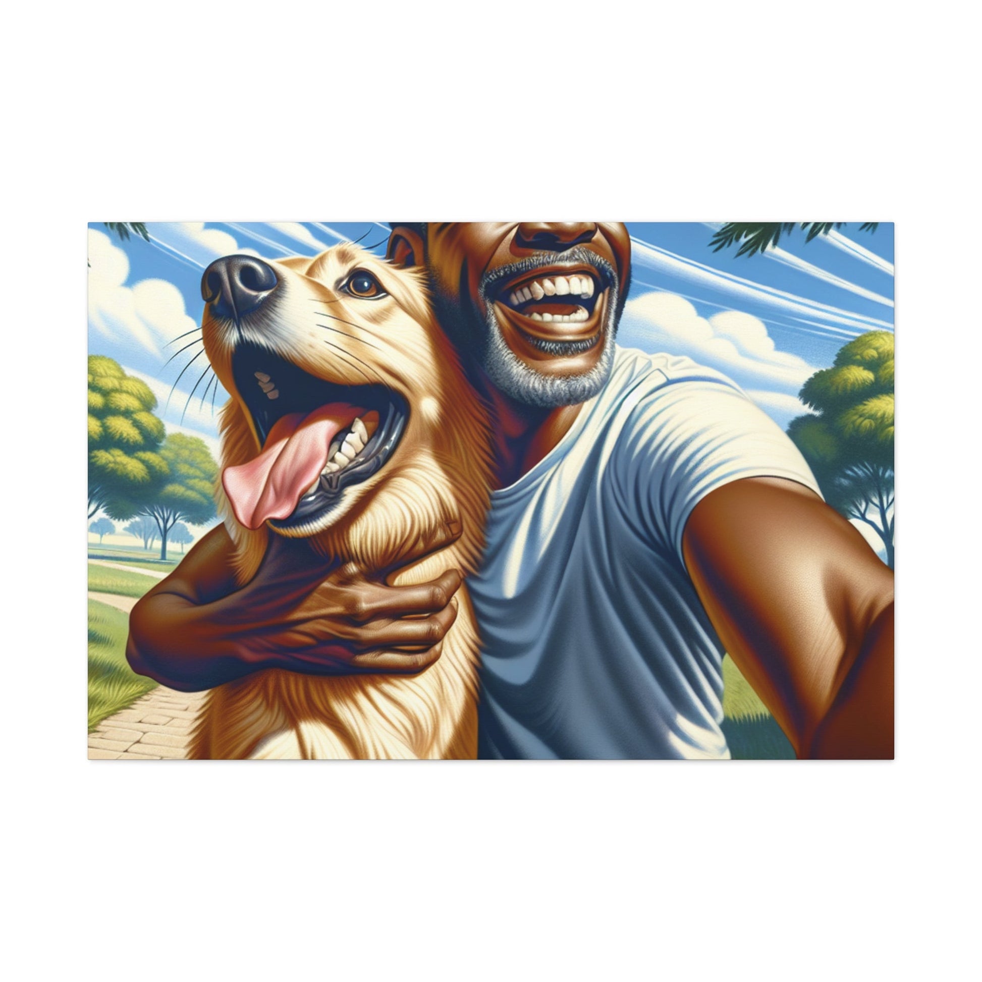 "Sunlit Bliss: A Man and His Dog in Pure Joy" - Canvas - Authentic4Us