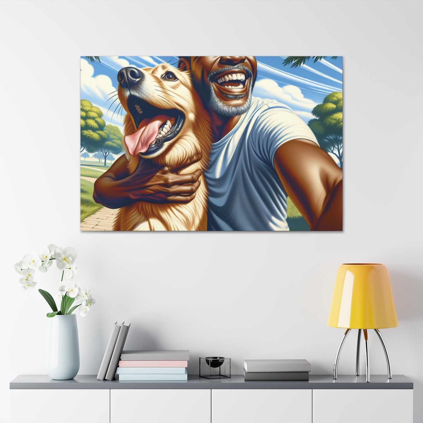 "Sunlit Bliss: A Man and His Dog in Pure Joy" - Canvas - Authentic4Us