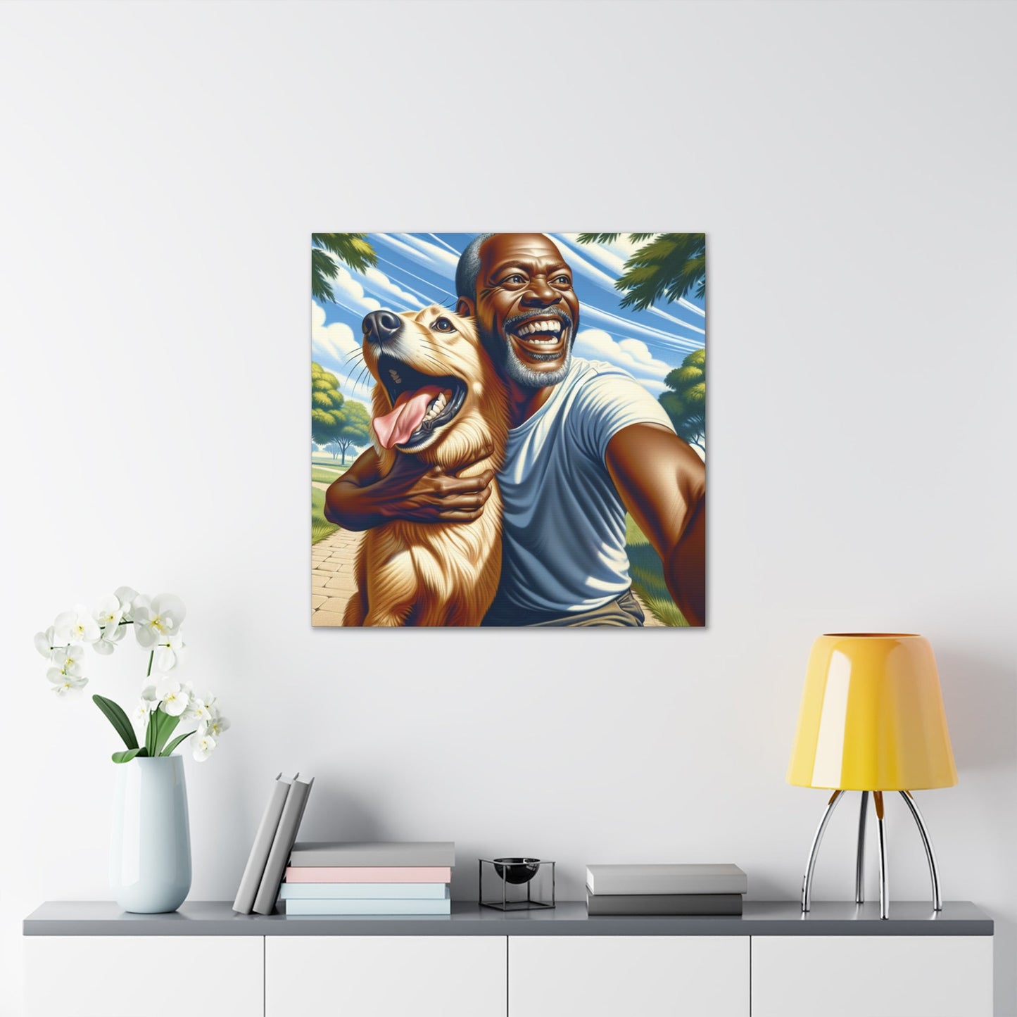 "Sunlit Bliss: A Man and His Dog in Pure Joy" - Canvas - Authentic4Us