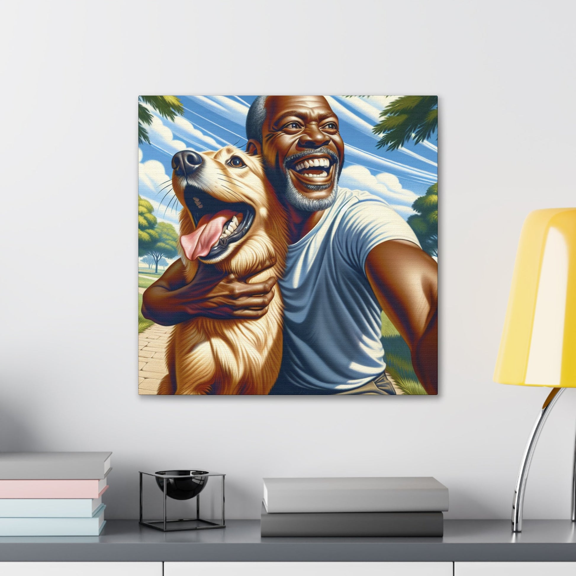 "Sunlit Bliss: A Man and His Dog in Pure Joy" - Canvas - Authentic4Us