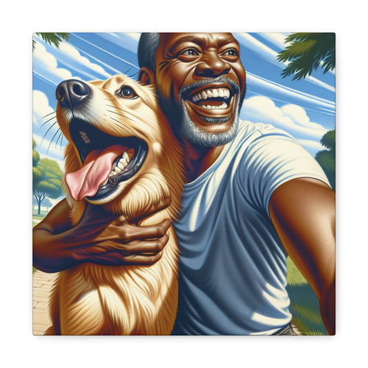 "Sunlit Bliss: A Man and His Dog in Pure Joy" - Canvas - Authentic4Us