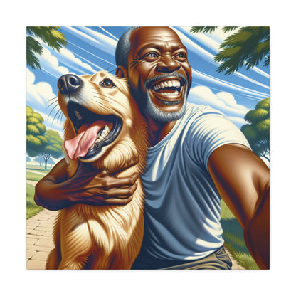 "Sunlit Bliss: A Man and His Dog in Pure Joy" - Canvas - Authentic4Us