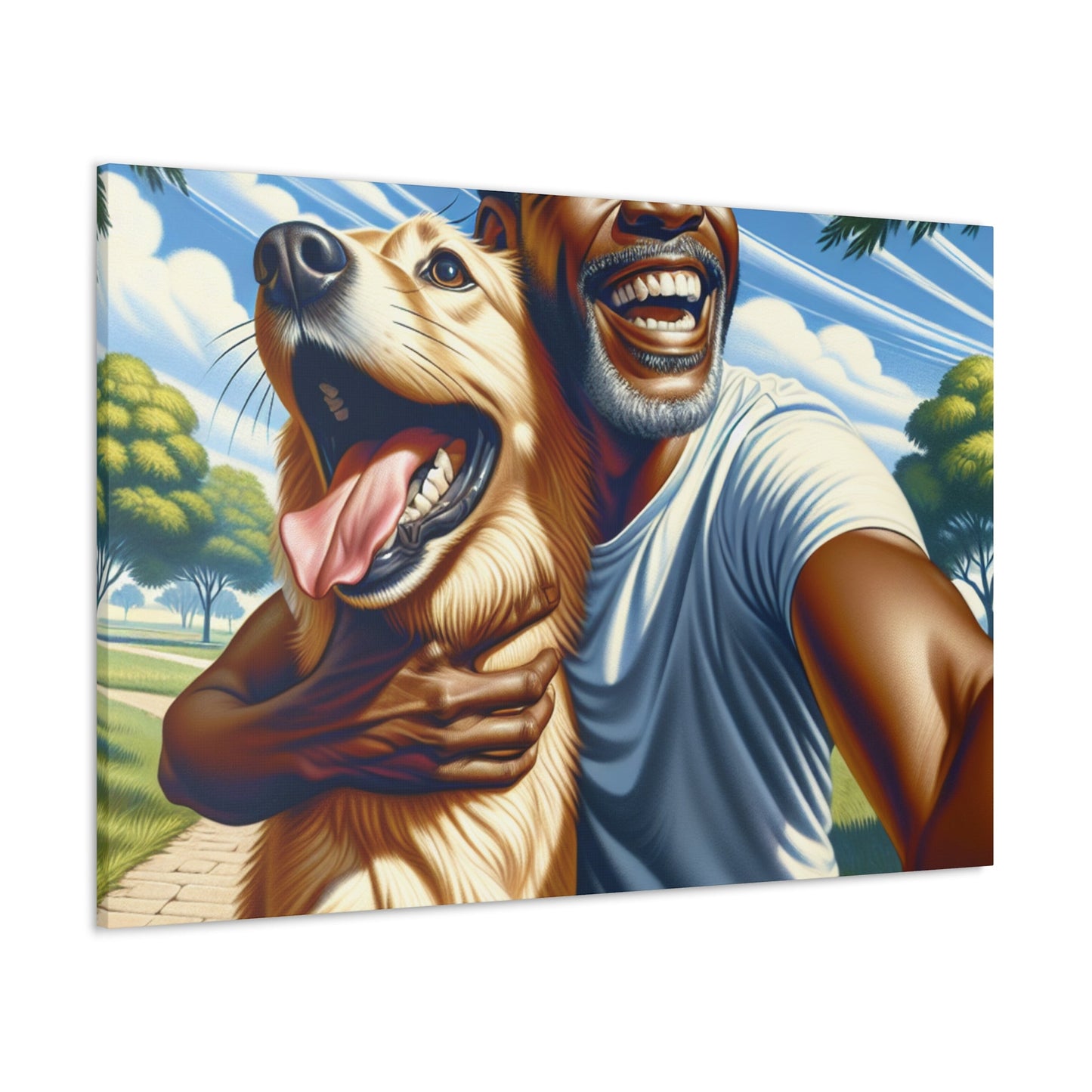 "Sunlit Bliss: A Man and His Dog in Pure Joy" - Canvas - Authentic4Us