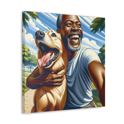 "Sunlit Bliss: A Man and His Dog in Pure Joy" - Canvas - Authentic4Us