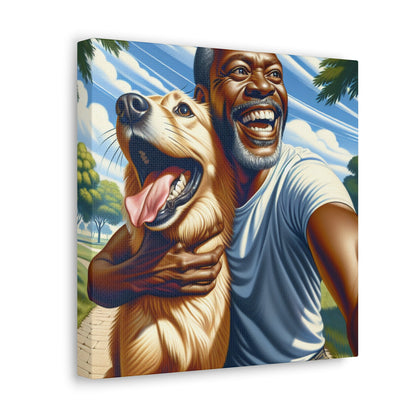 "Sunlit Bliss: A Man and His Dog in Pure Joy" - Canvas - Authentic4Us