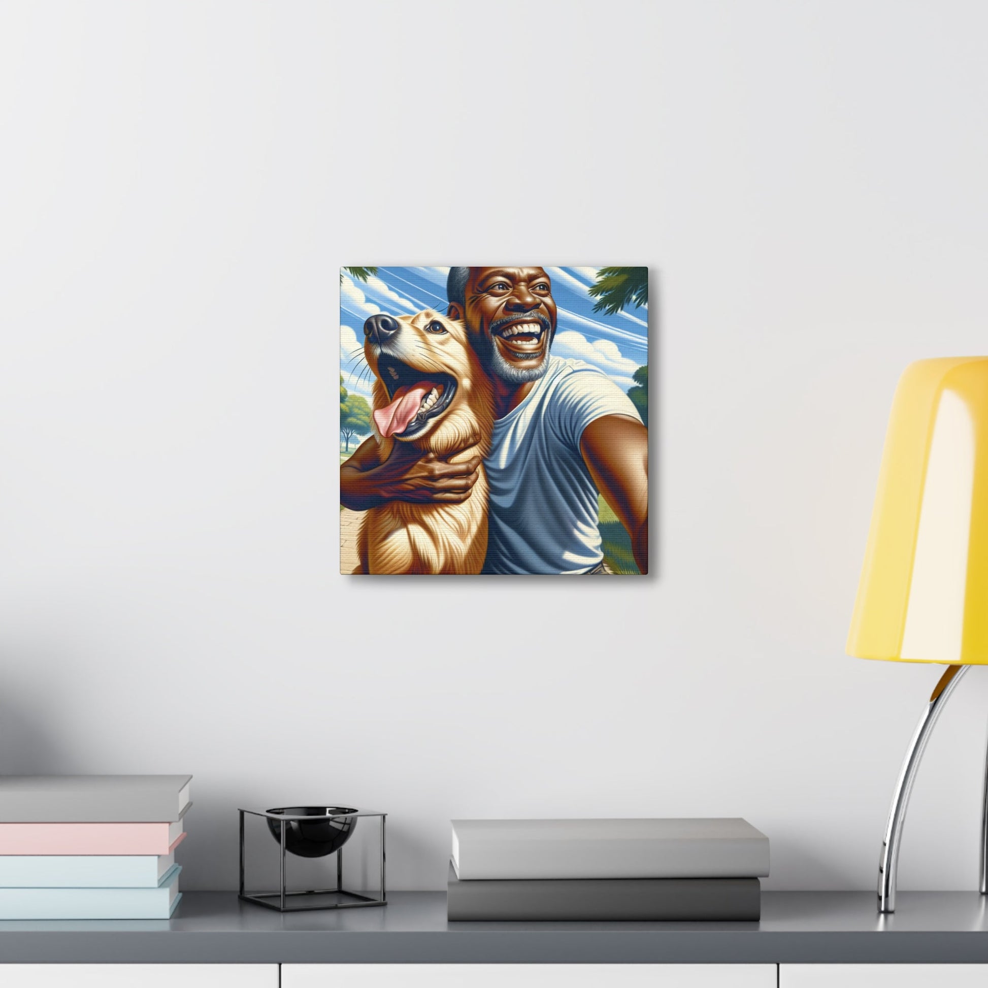 "Sunlit Bliss: A Man and His Dog in Pure Joy" - Canvas - Authentic4Us