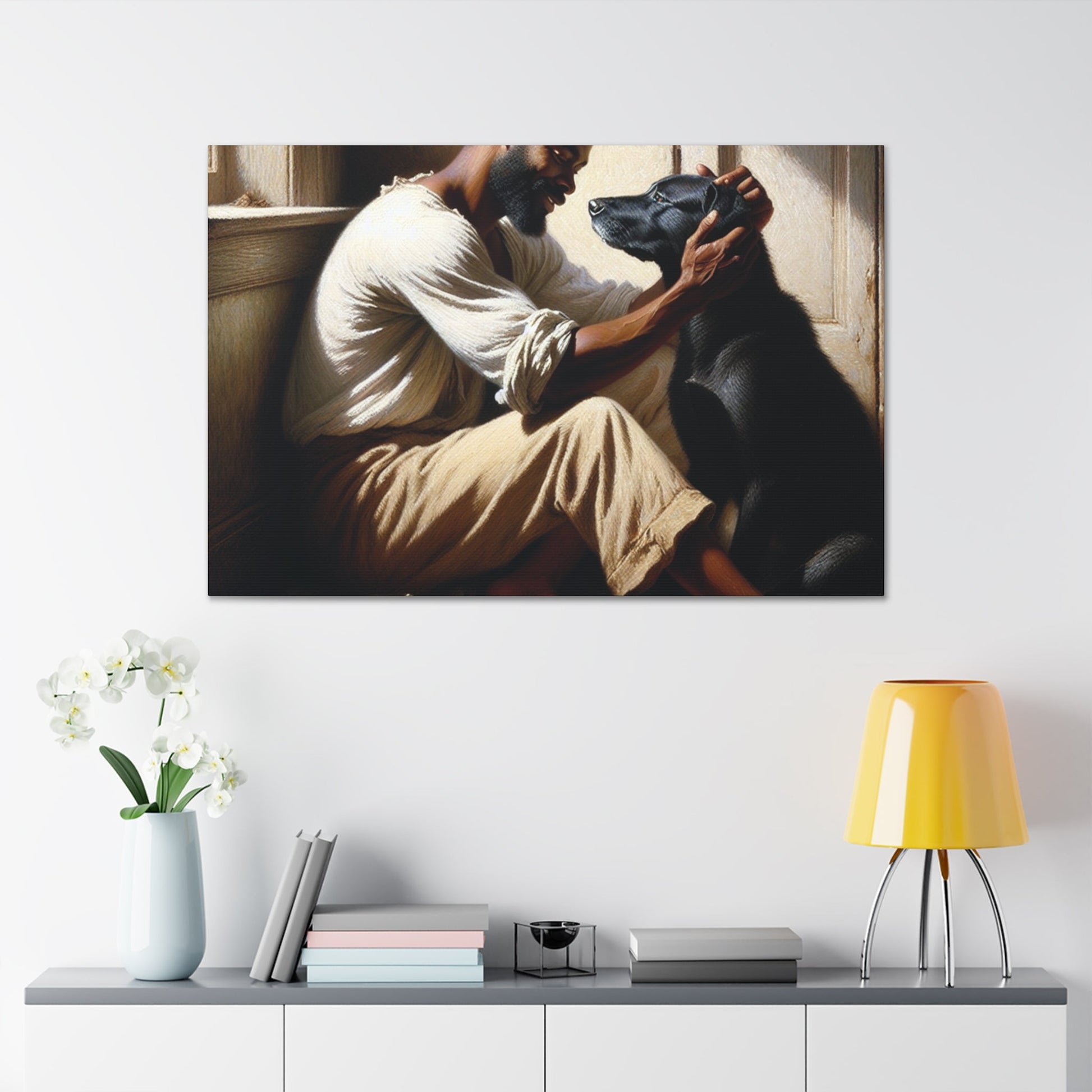 "Sunlit Serenity: Man and Dog" - Canvas - Authentic4Us