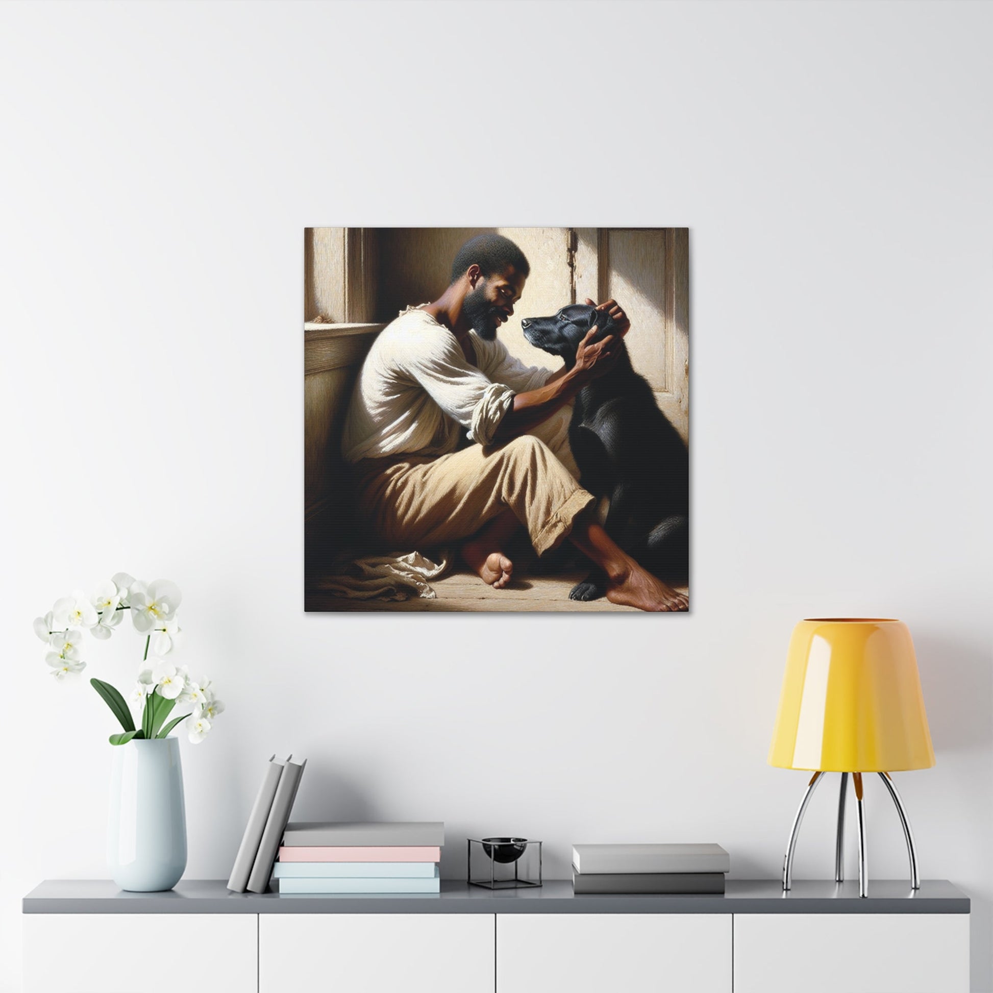 "Sunlit Serenity: Man and Dog" - Canvas - Authentic4Us