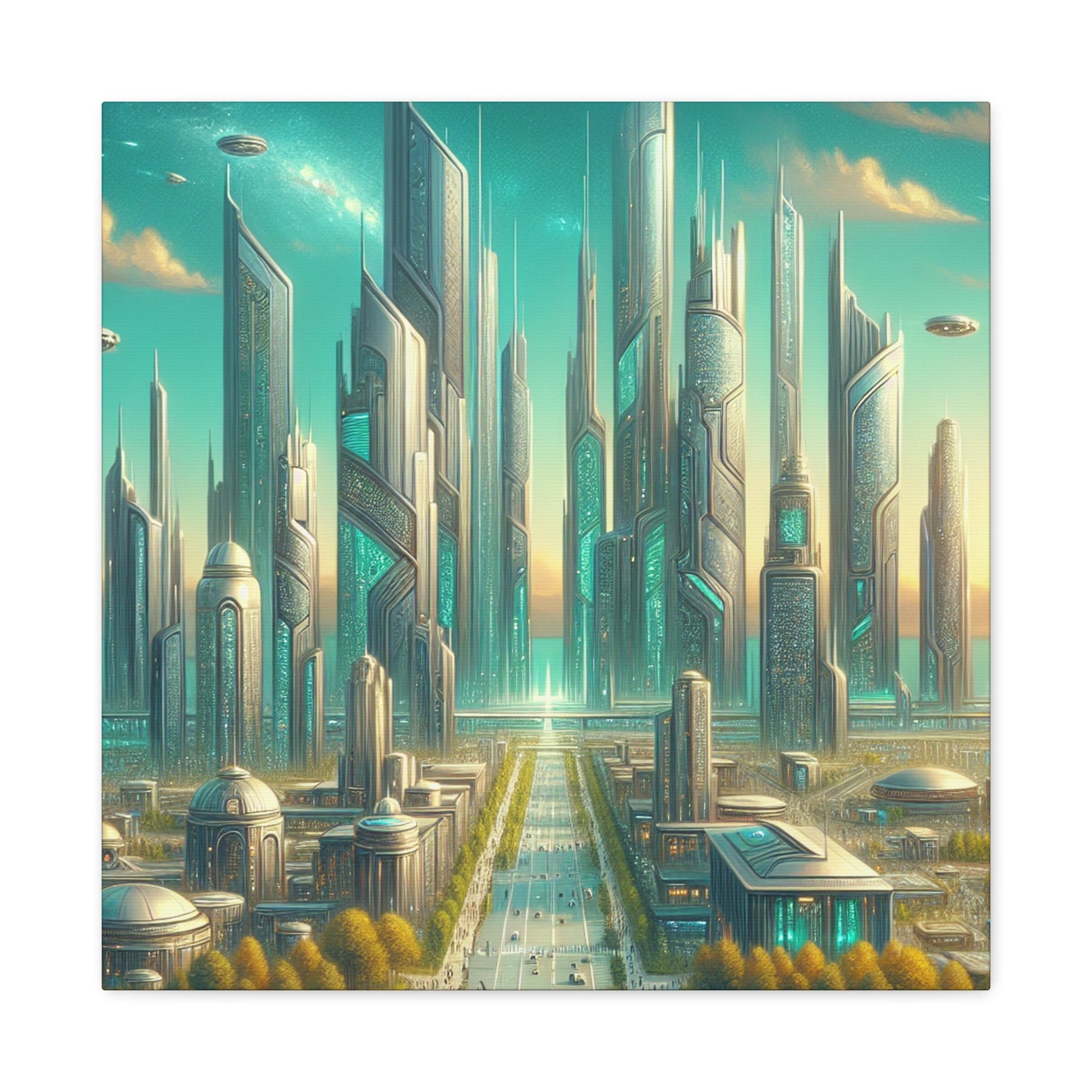 "Turquoise Dream: Futuristic Cityscape" - Canvas - Authentic4Us