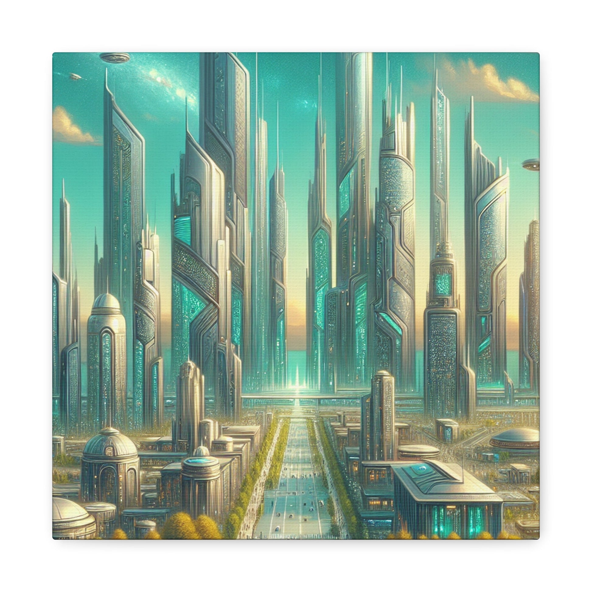 "Turquoise Dream: Futuristic Cityscape" - Canvas - Authentic4Us