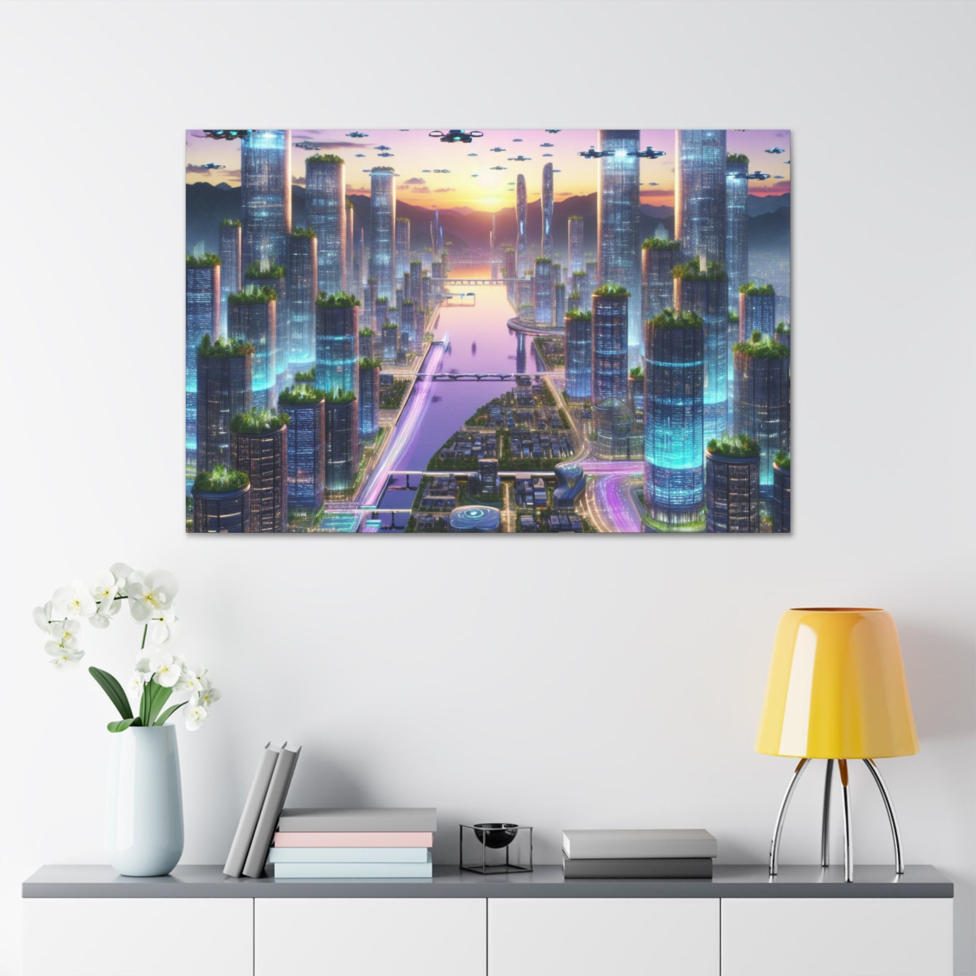 "Twilight Dreamscape: Futuristic City" - Canvas - Authentic4Us