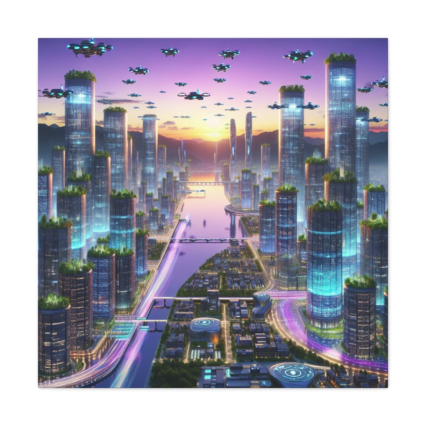 "Twilight Dreamscape: Futuristic City" - Canvas - Authentic4Us