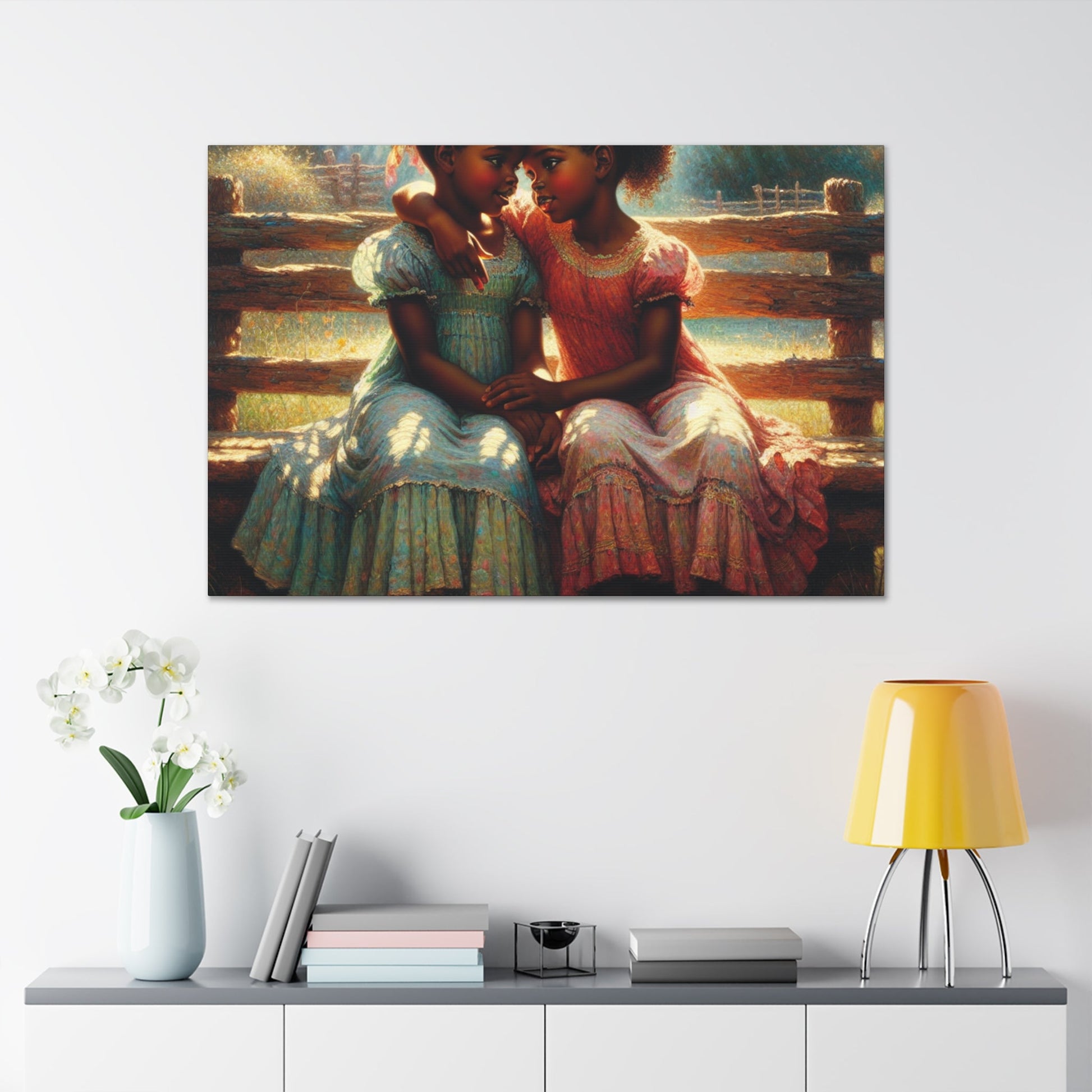 "Whispering Sisters on Rustic Bench" - Canvas - Authentic4Us