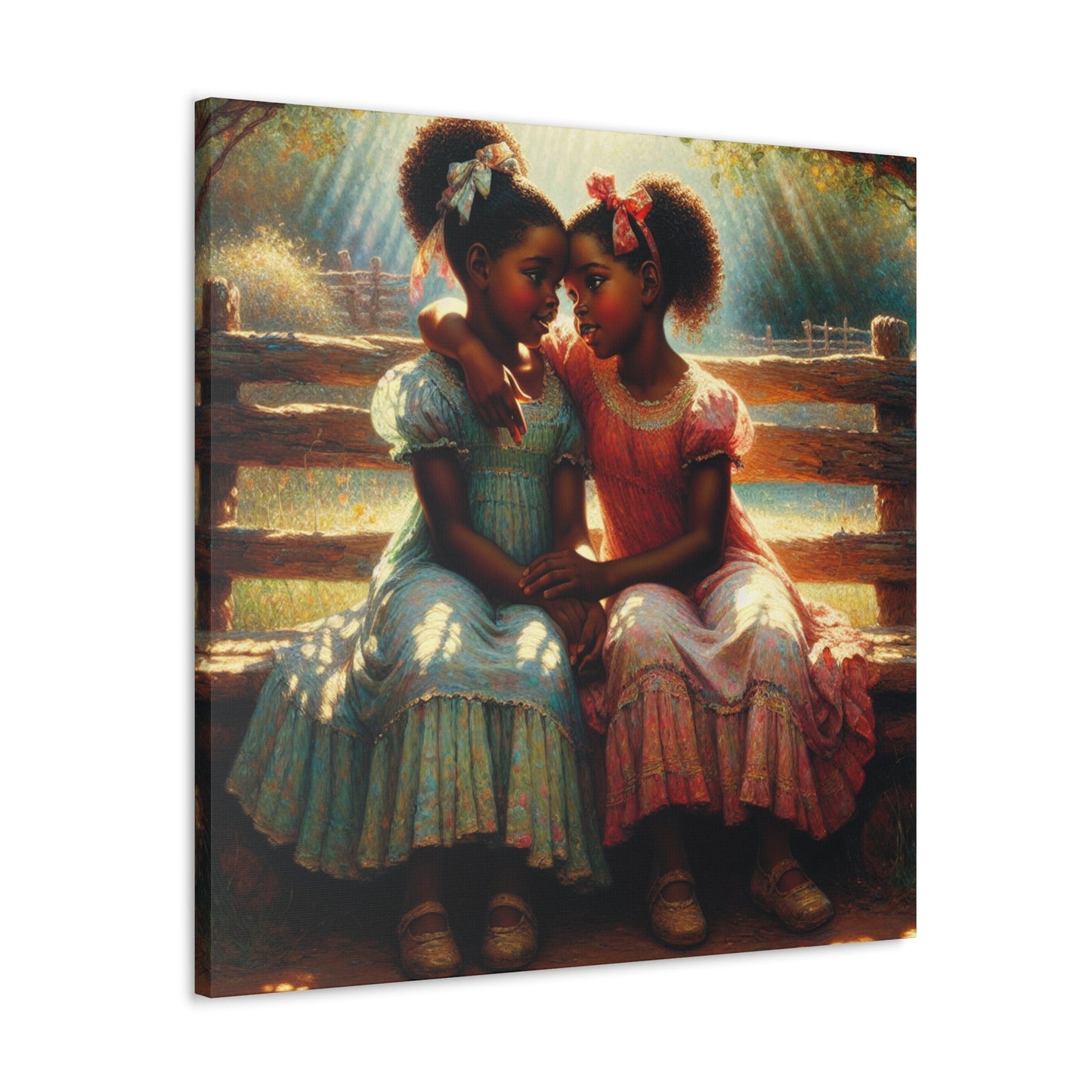 "Whispering Sisters on Rustic Bench" - Canvas - Authentic4Us