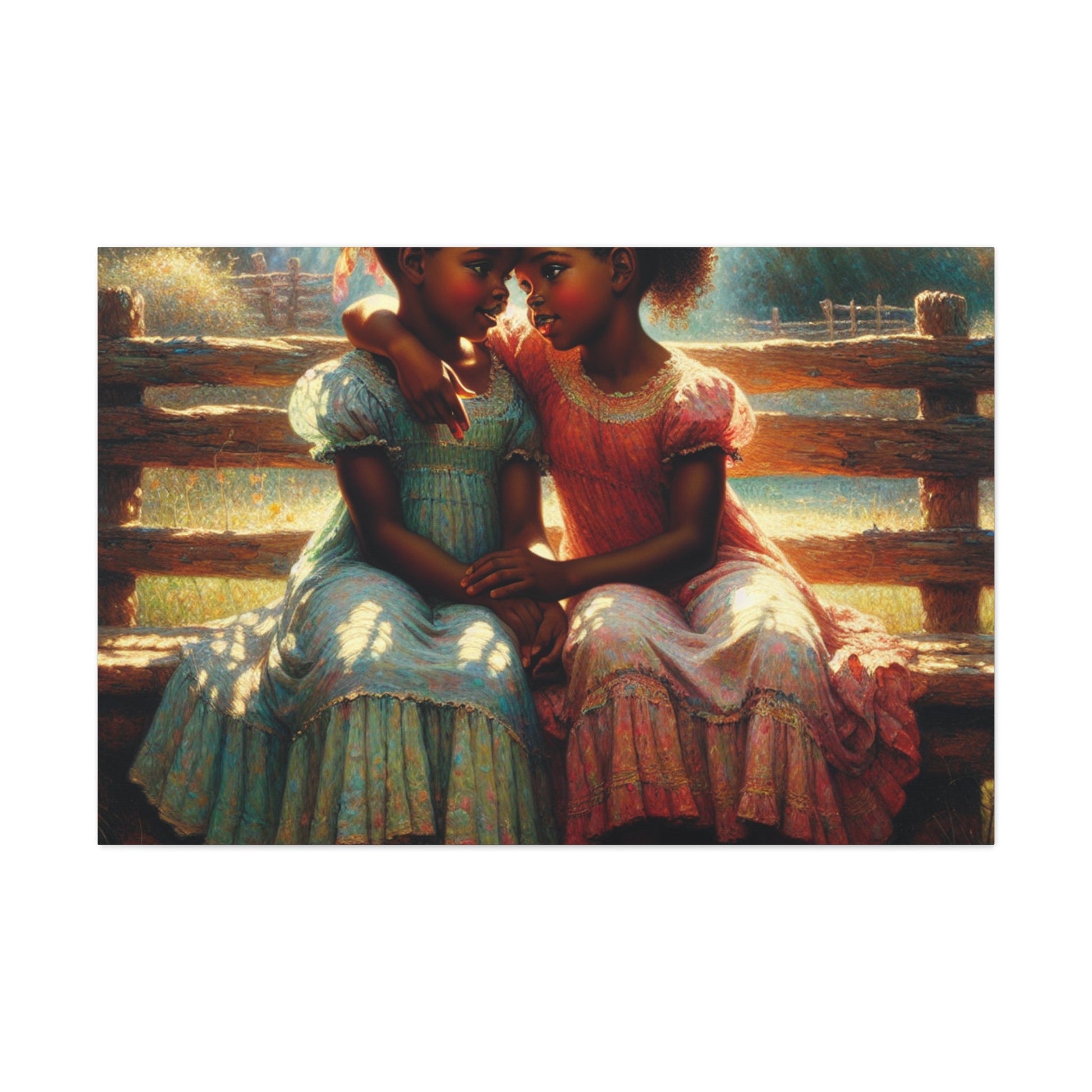 "Whispering Sisters on Rustic Bench" - Canvas - Authentic4Us